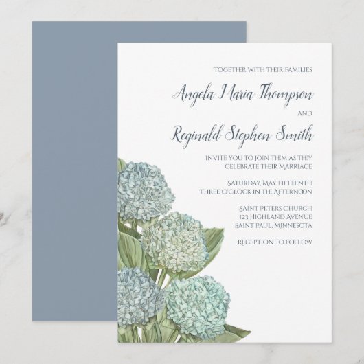 Dusty Blue Wedding Modern Hydrangea Simple Kaart (Voorkant / Achterkant)