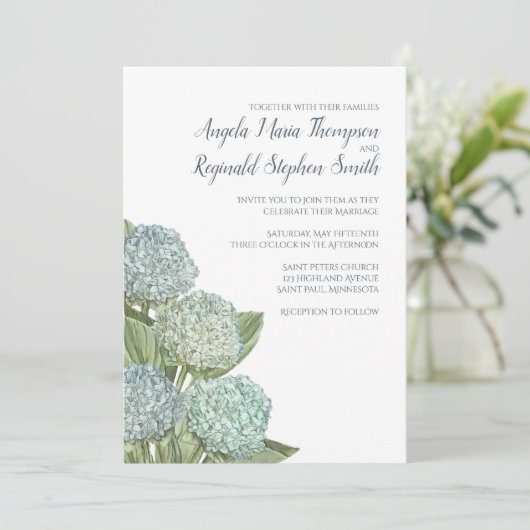 Dusty Blue Wedding Modern Hydrangea Simple Kaart (Staand voorkant)
