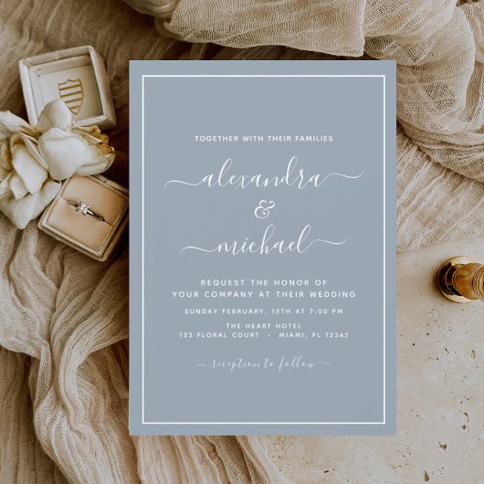 Dusty Blue Wedding Modern Typography Invitation Kaart