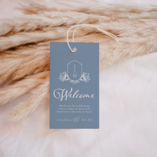 Dusty Blue Wedding Monogram Crest Welkom Labels Cadeaulabel
