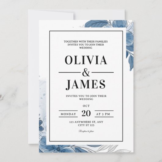 Dusty Blue Wedding Nodig, Elegant Bloemen Wedding Kaart (Voorkant)