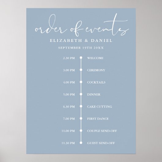 Dusty Blue Wedding Order Of Events Timeline Sign Poster (Voorkant)