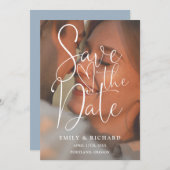 Dusty Blue Wedding Photo Elegant Script QR-code Save The Date (Voorkant / Achterkant)
