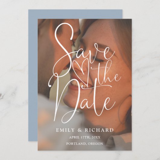 Dusty Blue Wedding Photo Elegant Script QR-code Save The Date (Voorkant / Achterkant)