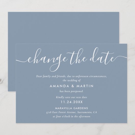 Dusty Blue Wedding Postponement Aankondiging (Voorkant / Achterkant)