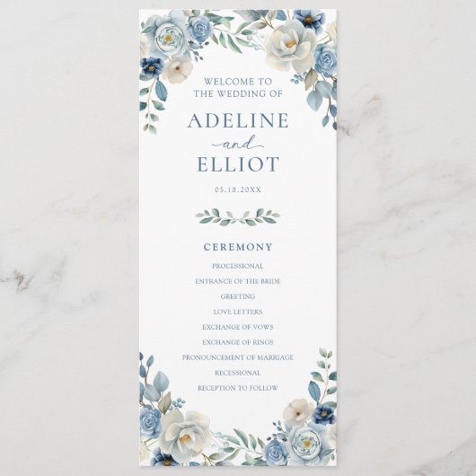 Dusty Blue Wedding Program Floral Wedding Program Programmakaart (Voorkant)