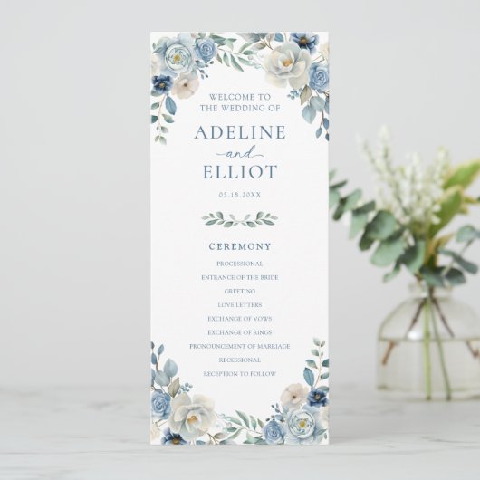 Dusty Blue Wedding Program Floral Wedding Program Programmakaart (Staand voorkant)