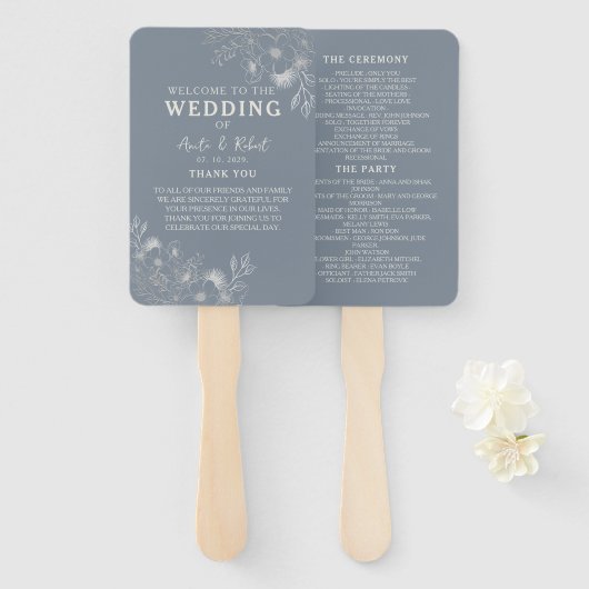 Dusty Blue Wedding Program Hand Fan Handwaaier (Voorkant en achterkant)