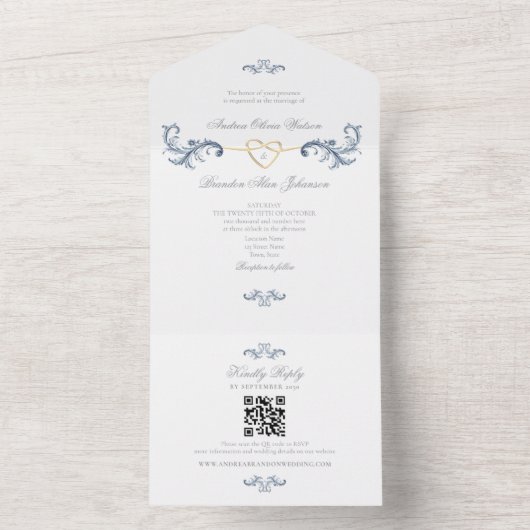 Dusty Blue Wedding QR-code All In One Uitnodiging (Binnen)