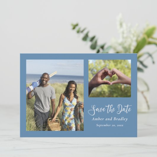 Dusty Blue Wedding QR Code Minimale Save the Date Kaart (Staand voorkant)