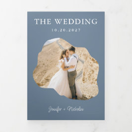Dusty Blue Wedding RSVP Details QR Code Foto Drieluik Uitnodiging