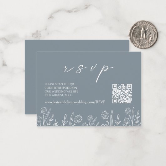 Dusty Blue Wedding RSVP | QR-code behuizing Kaart Notitiekaartje (Voorkant / Achterkant in situ)