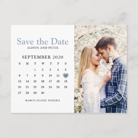 Dusty Blue Wedding Save the Date Calendar Photo Aankondigingskaart (Voorkant)