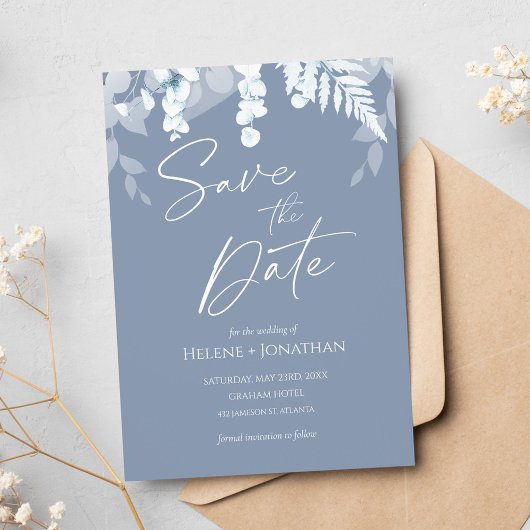 Dusty Blue Wedding Save the Date Invitation Kaart