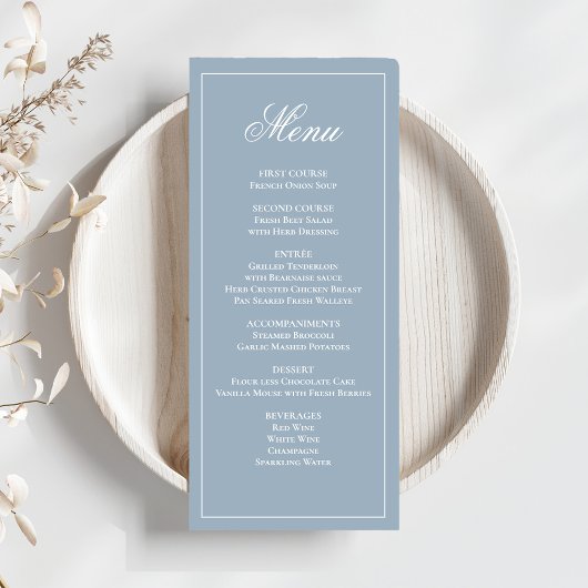 Dusty Blue Wedding Script Dinner Menu