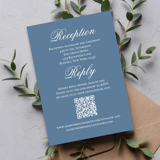 Dusty Blue Wedding Script RSVP Reception  Informatiekaartje