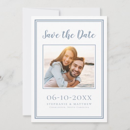Dusty Blue Wedding Simple Verloving Foto Modern Save The Date (Voorkant)