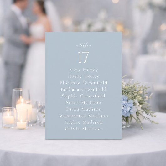Dusty Blue Wedding Table Number with Guest List Kaart