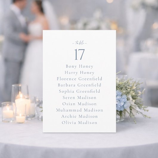 Dusty Blue Wedding Table Number with Guest List Kaart
