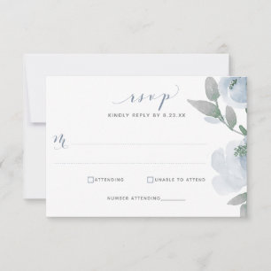 Dusty Blue Wedding Waterverf Soft Floral RSVP Kaartje