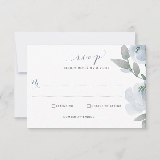 Dusty Blue Wedding Waterverf Soft Floral RSVP Kaartje (Voorkant)