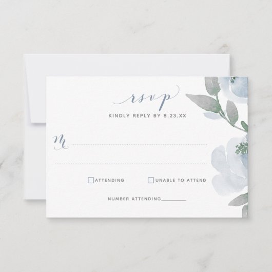 Dusty Blue Wedding Waterverf Soft Floral RSVP Kaartje (Voorkant)