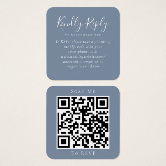 Dusty Blue Wedding Website QR Code RSVP Vierkante Visitekaartjes (Voorkant /achterkant)