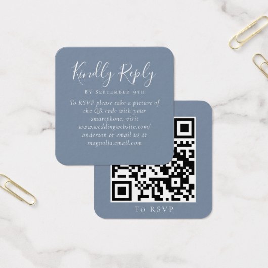 Dusty Blue Wedding Website QR Code RSVP Vierkante Visitekaartjes (Kantoor)