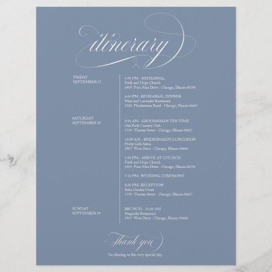 Dusty Blue Wedding Weekend Welkom reisroute (Achterkant)