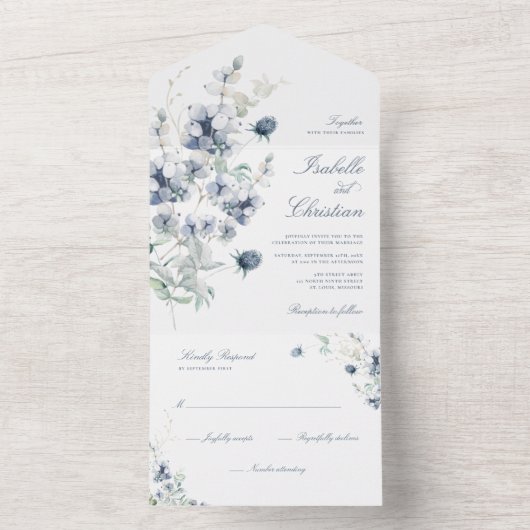 Dusty Blue Wedding Wildflower Greenery All In One Uitnodiging (Binnen)