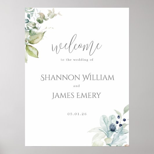 Dusty Blue Welcome Sign | Elegante lente bloem Poster (Voorkant)