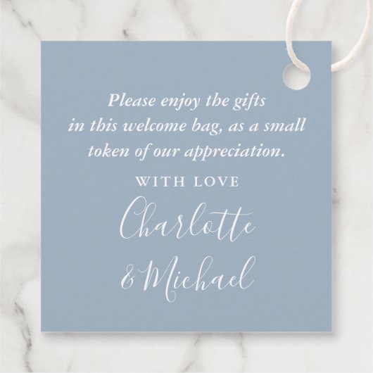 Dusty Blue Welcome Wedding Gift Basket Bag Bedankjes Labels (Achterkant)