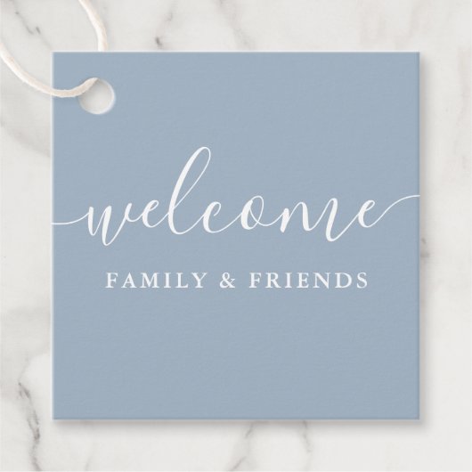 Dusty Blue Welcome Wedding Gift Basket Bag Bedankjes Labels (Voorkant)