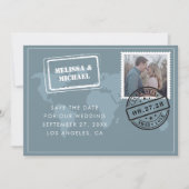Dusty Blue Wereldkaart Destination Wedding Photo Save The Date (Voorkant)