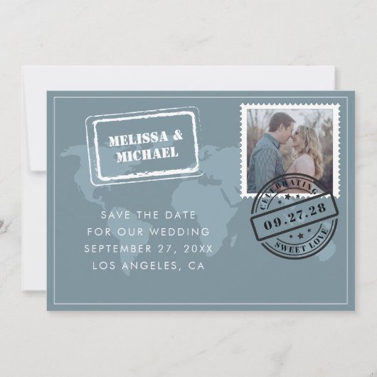 Dusty Blue Wereldkaart Destination Wedding Photo Save The Date (Voorkant)