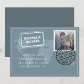 Dusty Blue Wereldkaart Destination Wedding Photo Save The Date (Voorkant / Achterkant)