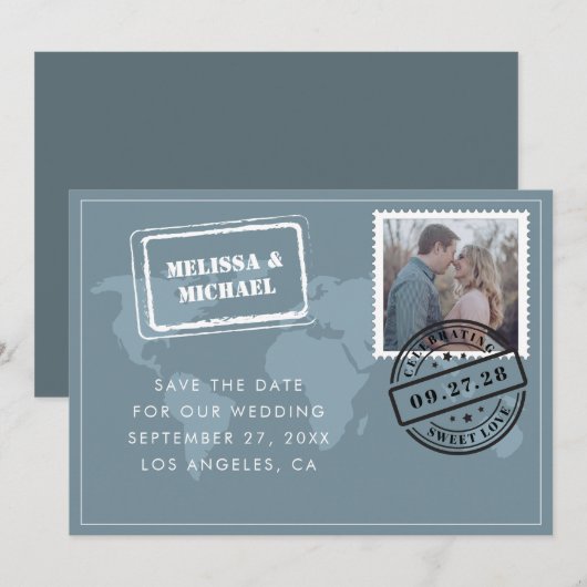 Dusty Blue Wereldkaart Destination Wedding Photo Save The Date (Voorkant / Achterkant)
