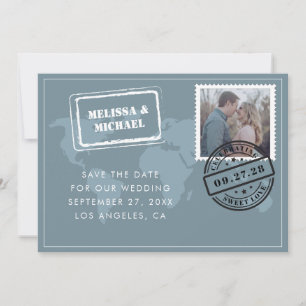 Dusty Blue Wereldkaart Destination Wedding Photo Save The Date