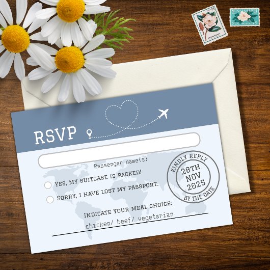 Dusty Blue Wereldkaart Destination Wedding RSVP Ca