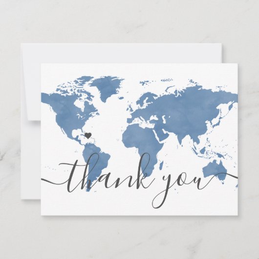 Dusty Blue Wereldkaart en strand bruiloft foto Bedankkaart (Voorkant)