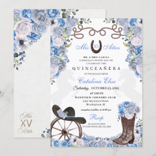 Dusty Blue Western Charra Ranchero Quinceanera Kaart