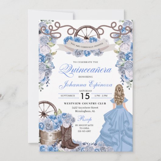 Dusty Blue Western Ranchero Quinceanera Kaart (Voorkant)