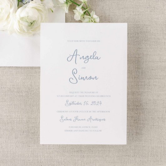 Dusty Blue Whimsical Bow Cherub bruiloft uitnodigi Kaart