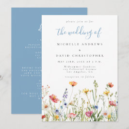 Dusty Blue Whimsical Floral All in One Wedding Kaart