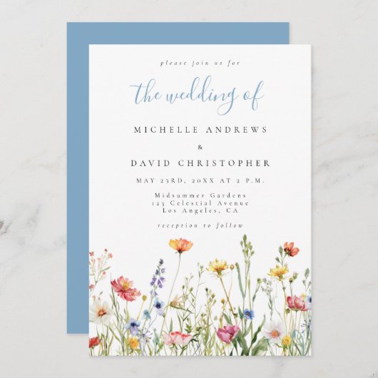 Dusty Blue Whimsical Floral All in One Wedding Kaart (Voorkant / Achterkant)