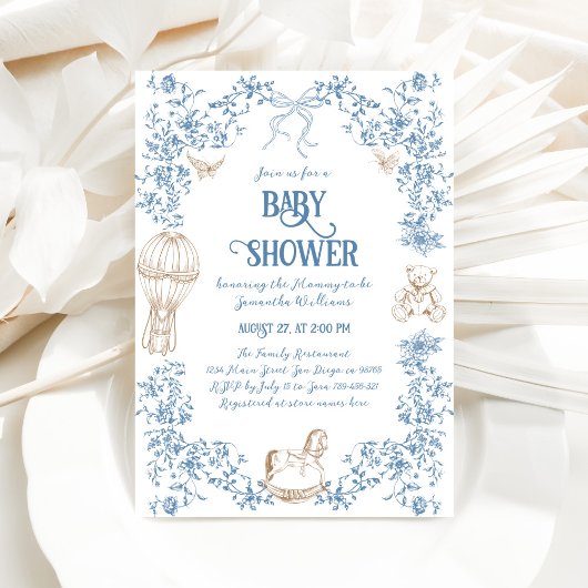 Dusty Blue Whimsical Floral Baby shower Kaart