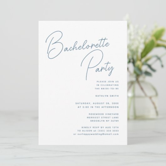 Dusty Blue Whimsical Script Bachelorette Party Kaart (Staand voorkant)