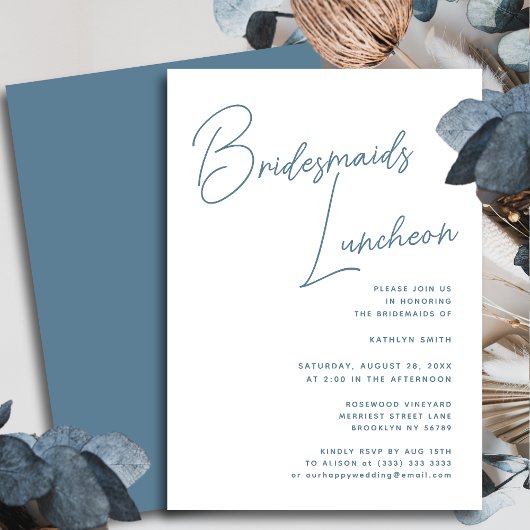Dusty Blue Whimsical Script bruidsmeisjes Luncheon Kaart