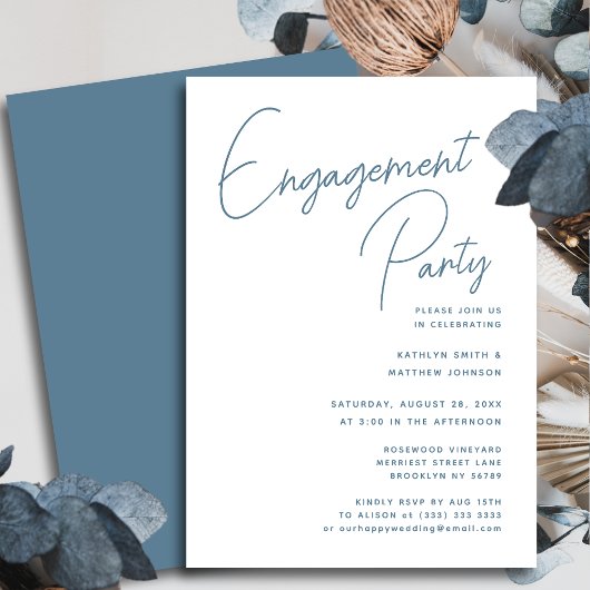 Dusty Blue Whimsical Script Chic Engagement Party Kaart