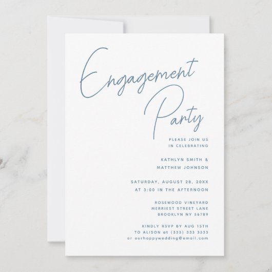 Dusty Blue Whimsical Script Chic Engagement Party Kaart (Voorkant)